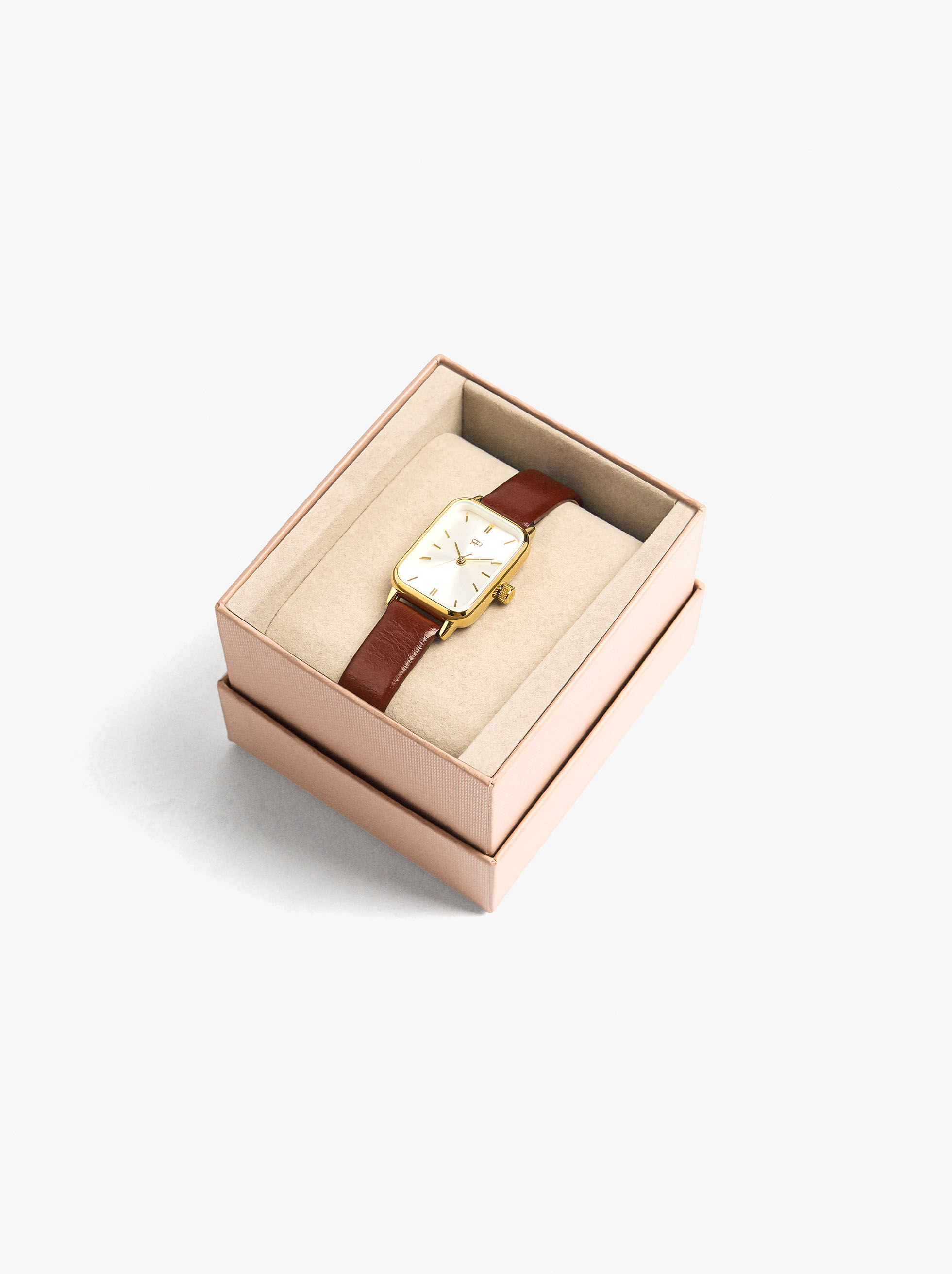 Rectangular watch with leather strap