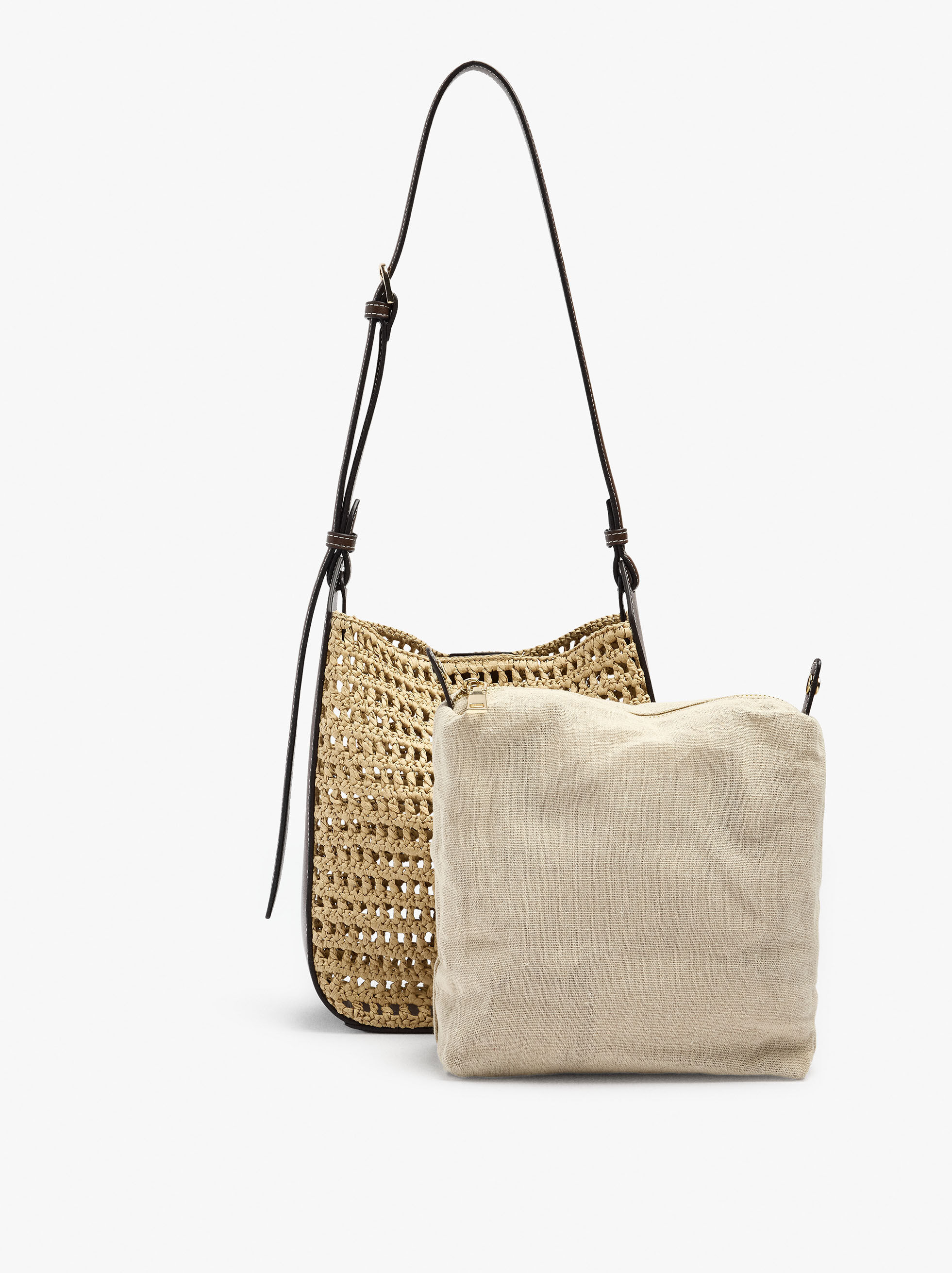 Shoulder bag with straw effect and removable pouch