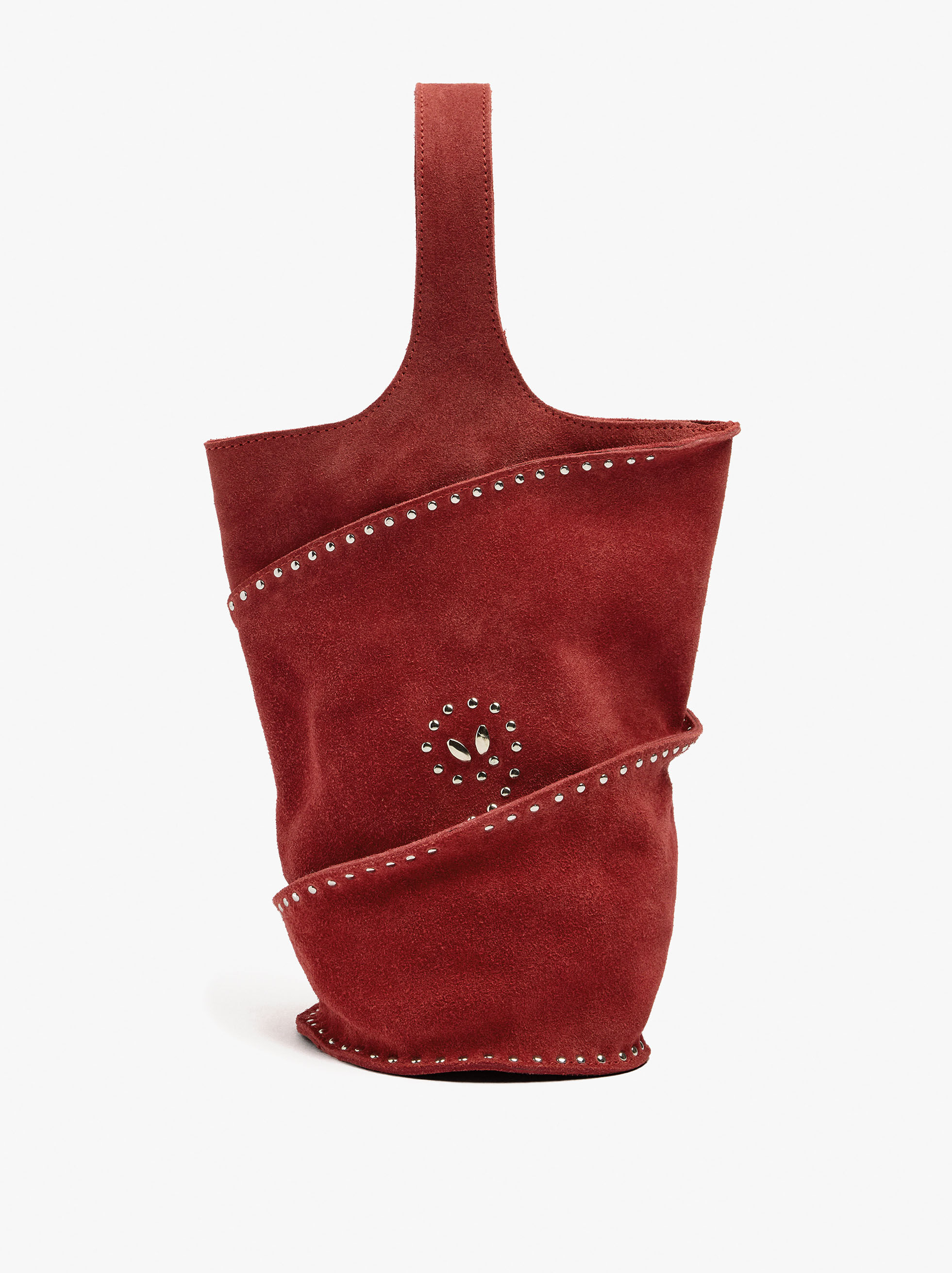 Cylindrical handbag made of leather with studs