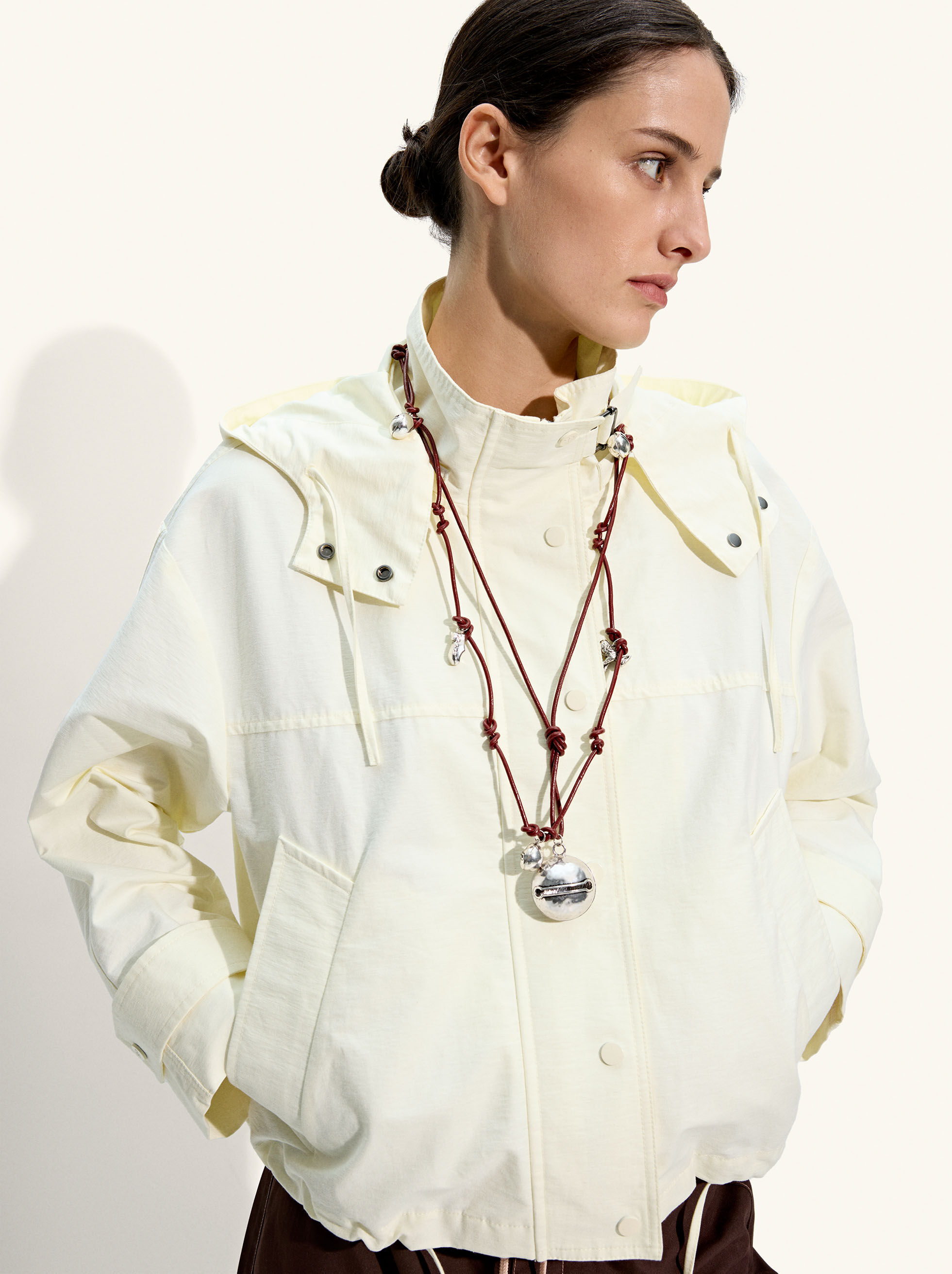 Hooded coat with high collar