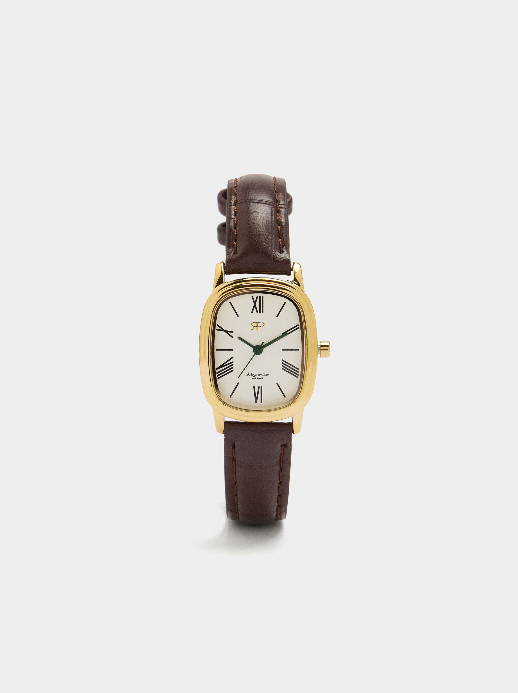Rectangular watch with leather strap