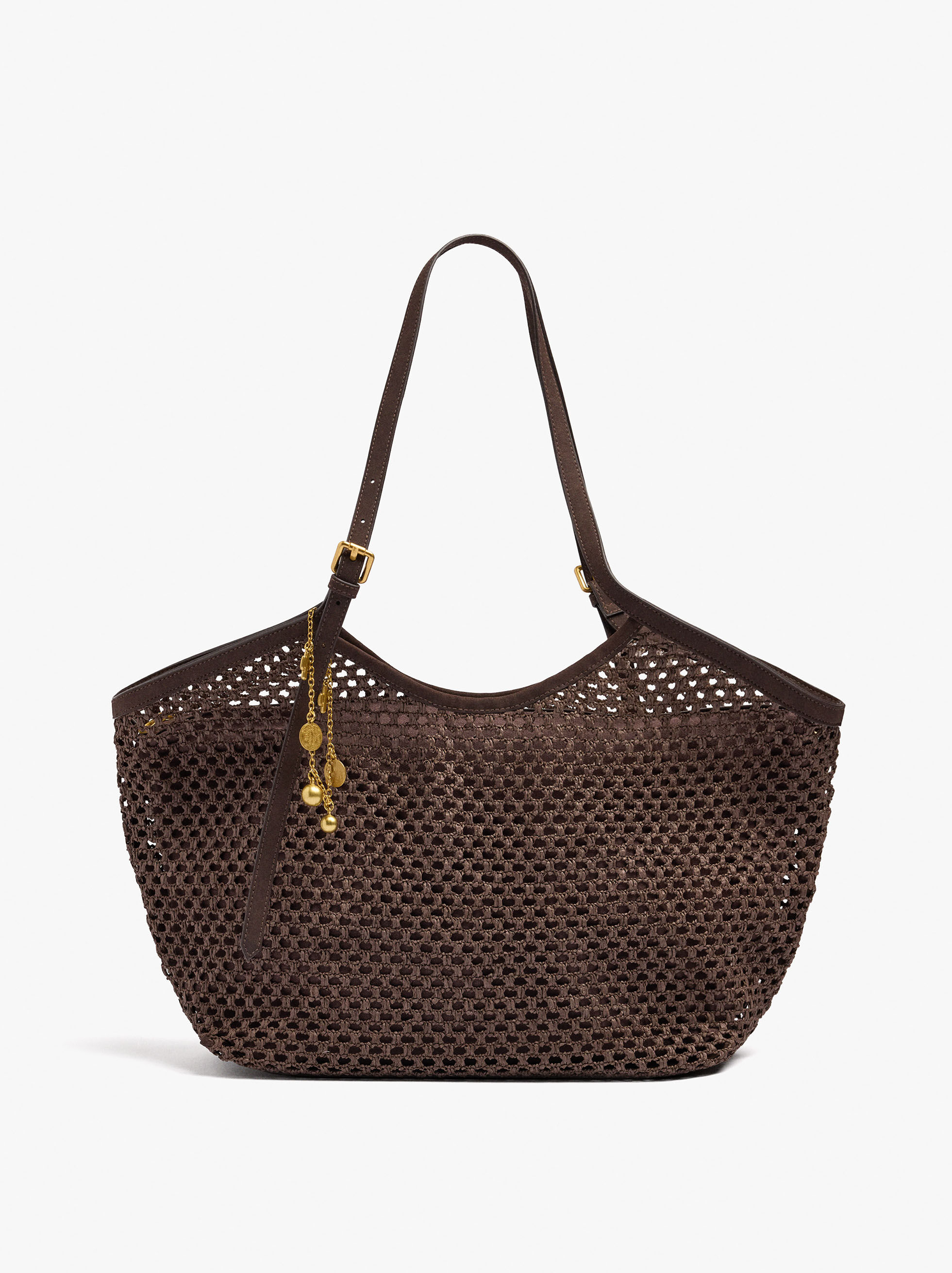 Medium-sized straw-effect shopper bag with chain strap