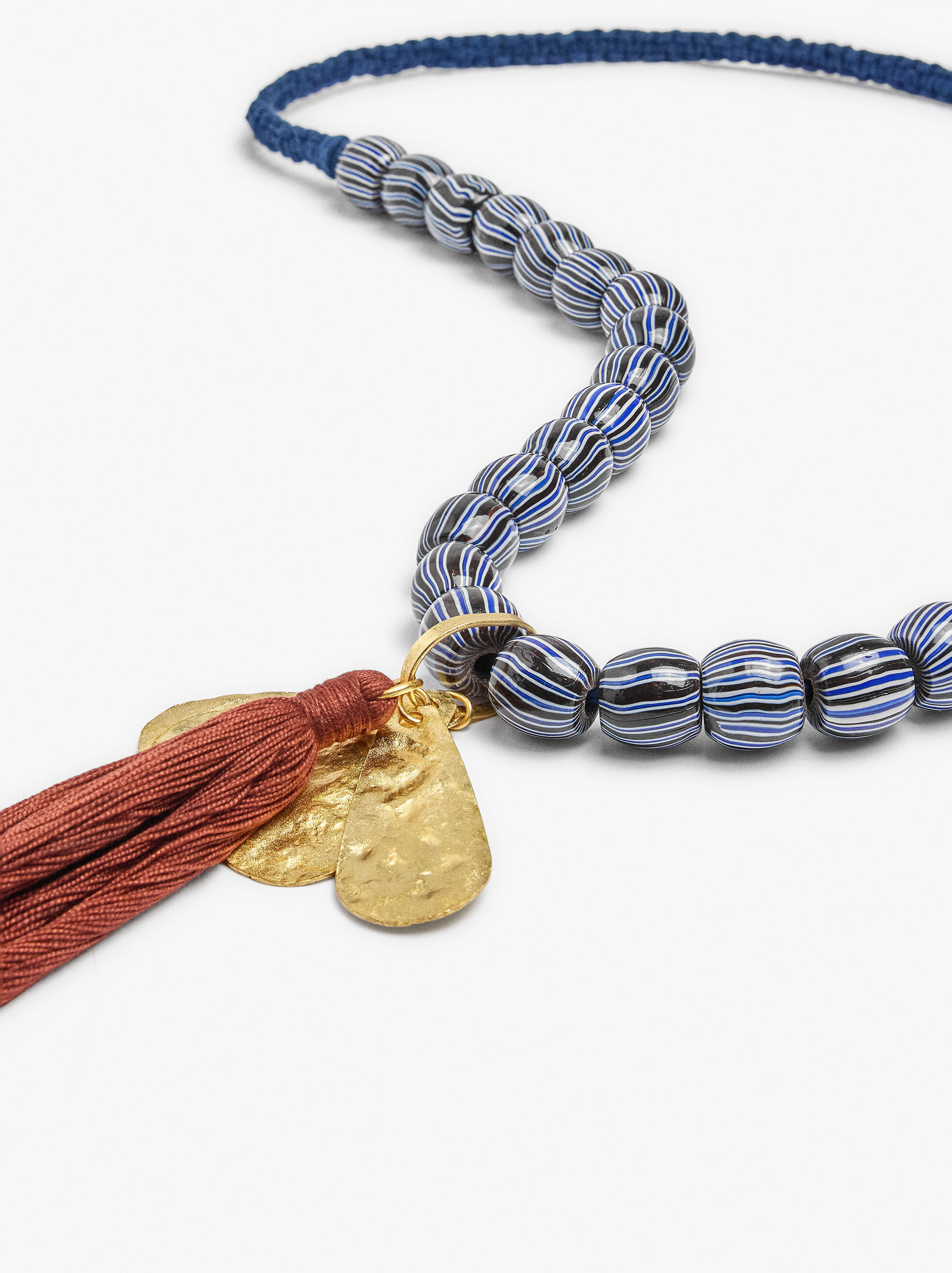 Long chain with glass bead tassel pendant