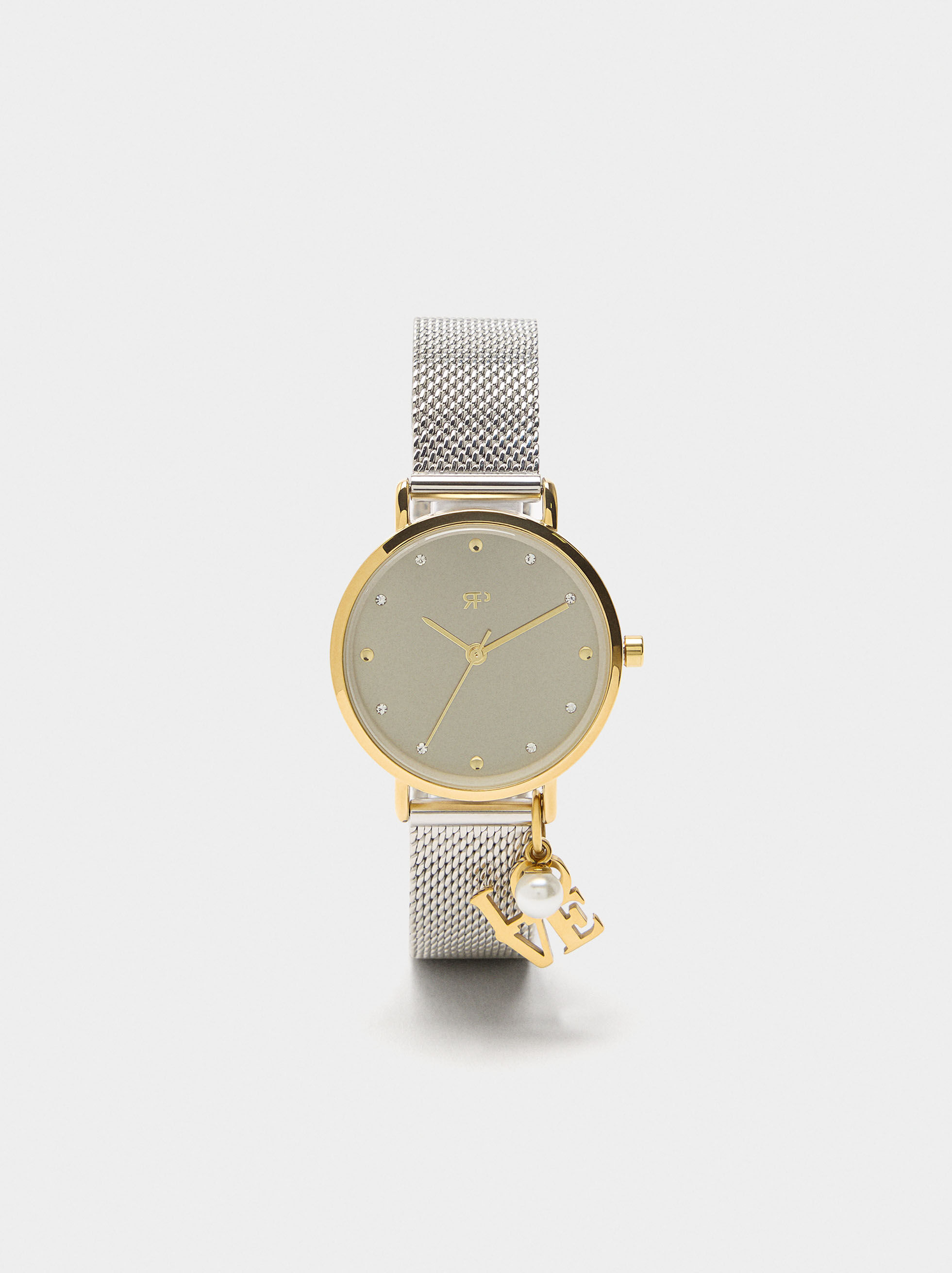 Bicolor watch with metal mesh and charm