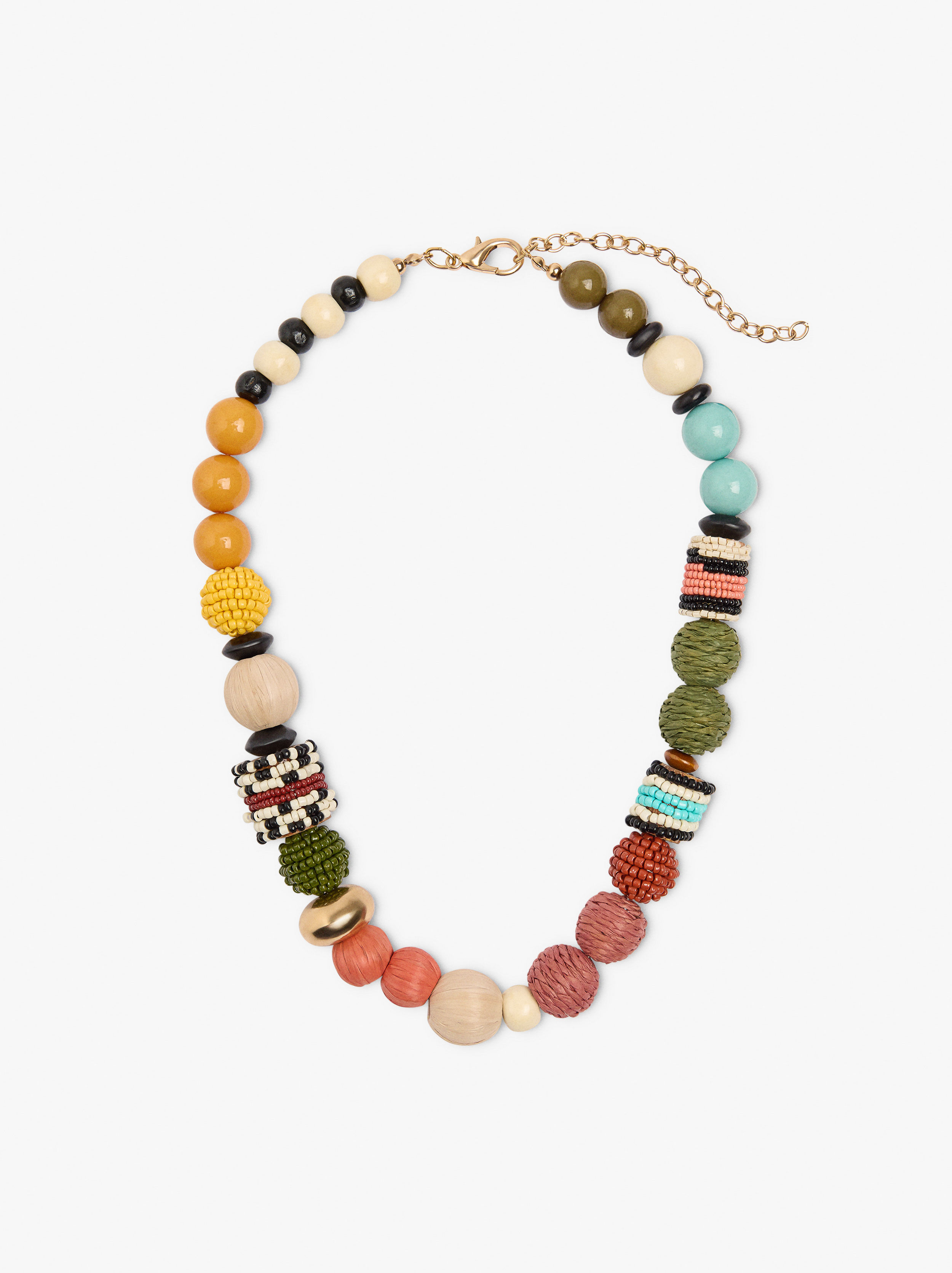 Multicolor beaded necklace with raffia and wood beads